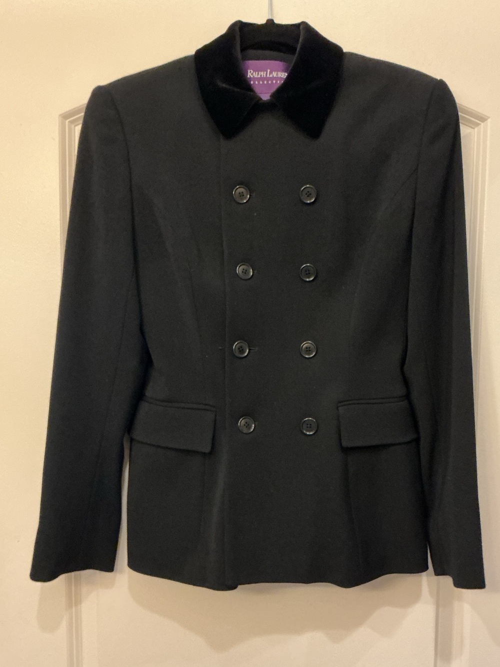 VTG Ralph Lauren Collection Wool Dble Breasted Blazer Jacket Velvet Trim, 6 USA